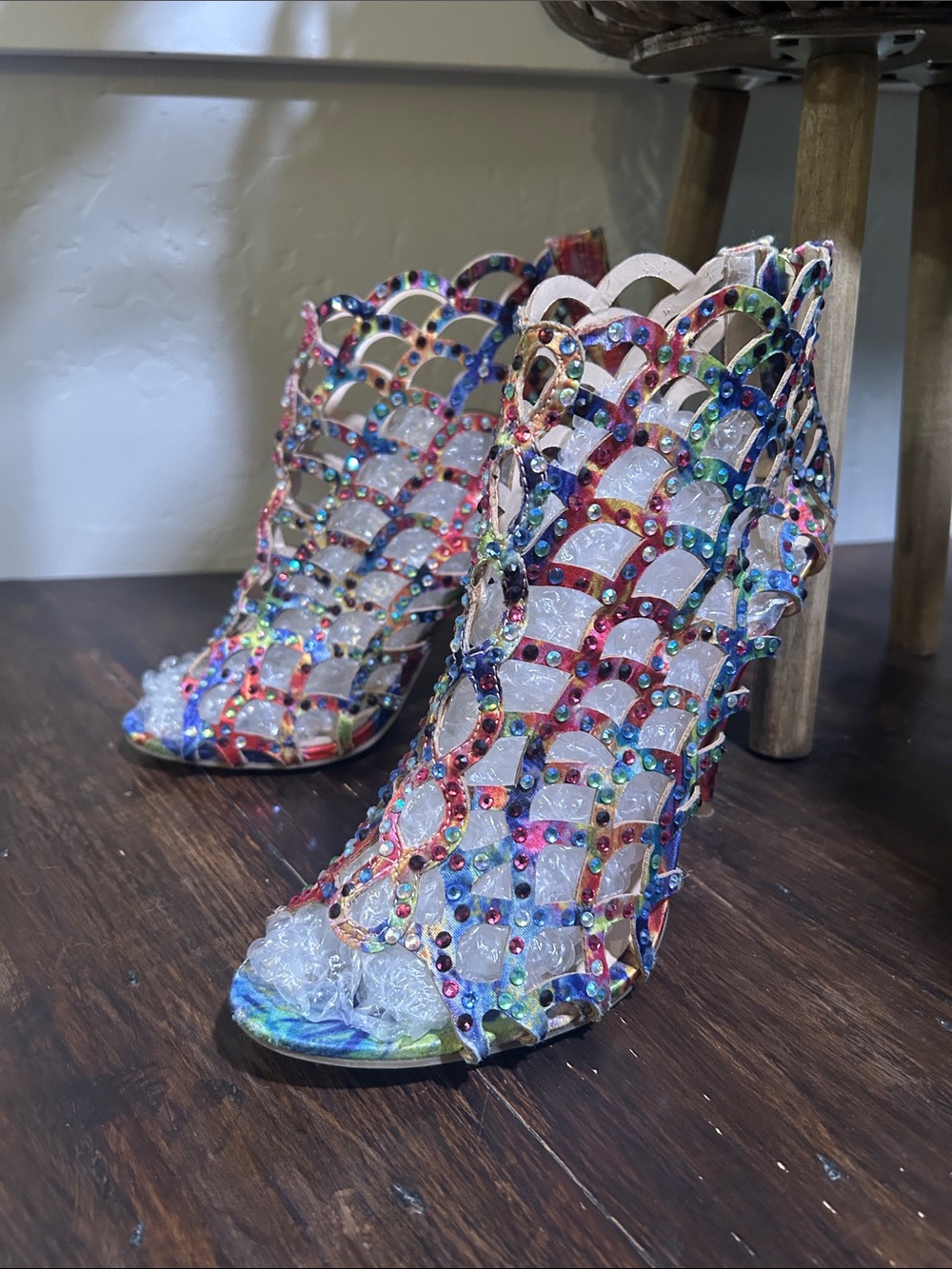 Multicolor Crystal Mesh Peep-Toe Heels - Women's
